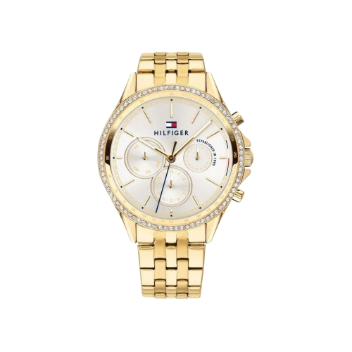 Tommy Hilfiger Ari Multifunction Diamonds Silver Dial Gold Steel Strap