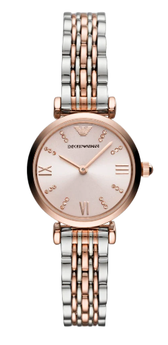 Emporio Armani Gianni T Bar Pink Dial Two Tone Steel Strap