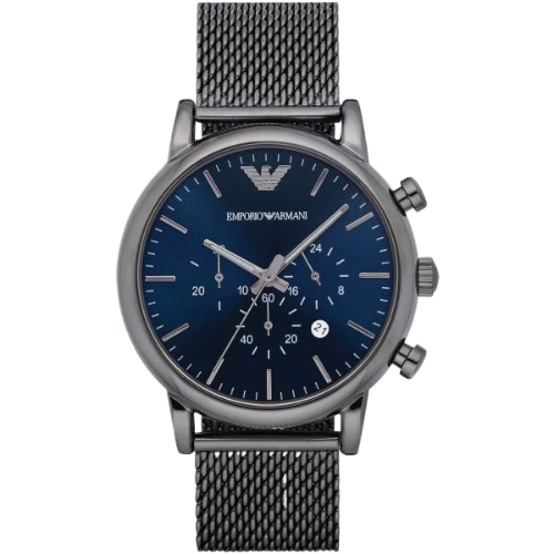 Emporio Armani Chronograph Blue Dial Gun Metallic Mesh Bracelet