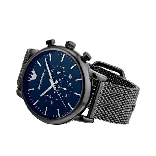 Emporio Armani Chronograph Blue Dial Gun Metallic Mesh Bracelet